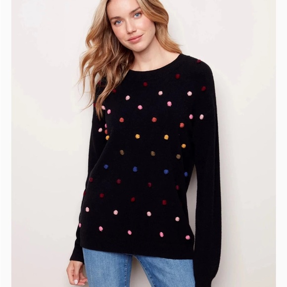 JONES NEW YORK signature wool fud polka dot black sweater top - Picture 1 of 11
